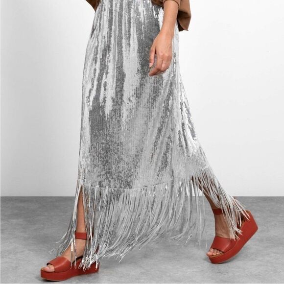 Rachel Comey Treadlight Silver Sequin Fringe Maxi Skirt sz 0 XS - Picture 2 of 7